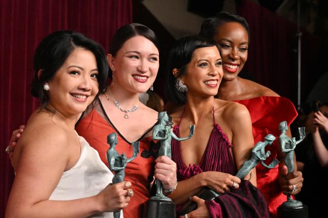 US actress Isa Briones (2L), British actress Tracy Ifeachor (R) and cast from "The Pitt" pose pose with the award for Outstanding Performance by an Ensemble in a Drama Series during the 32nd Annual Actor Awards at the Shrine Auditorium in Los Angeles on March 1, 2026. (Photo by Frederic J. Brown / AFP)