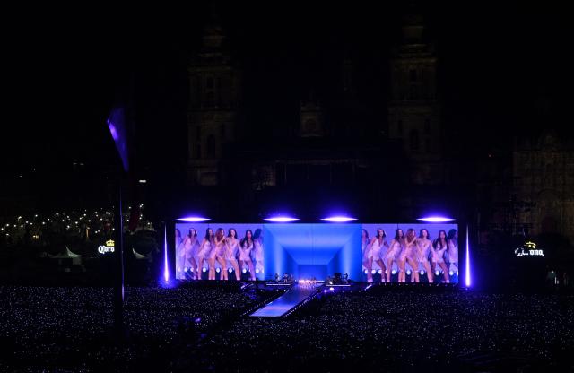 Colombian singer Shakira performs during a free concert at Zocalo square in Mexico City on March 1, 2026. (Photo by YURI CORTEZ / AFP)