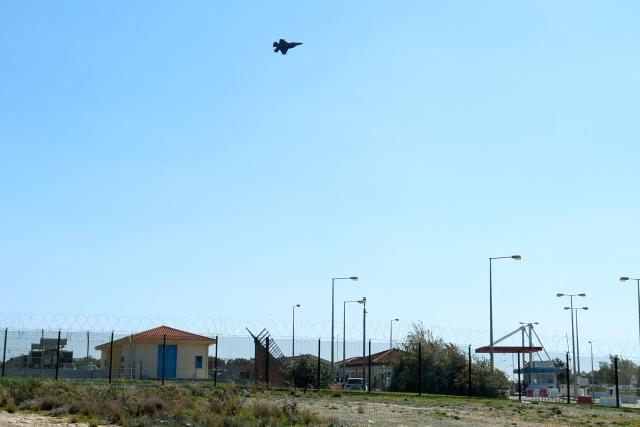 A fighter jet takes off from RAF Akrotiri base following two reported drone attacks near Limassol on March 2, 2026. The British sovereign base in Cyprus was being evacuated on March after sirens sounded, an AFP correspondent said. (Photo by AFP)