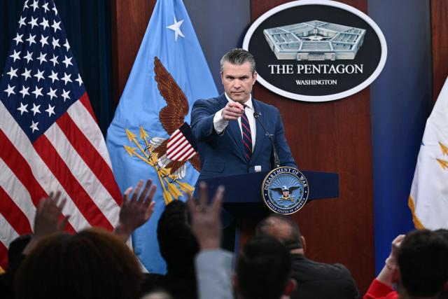US Defense Secretary Pete Hegseth speaks during a press conference on US military action in Iran, at the Pentagon in Washington, DC, on March 2, 2026. The United States hit hundreds of targets across Iran, and Israel expanded its bombing to Lebanon on Monday as President Donald Trump vowed to avenge the first US deaths in the war he launched to topple Tehran's ruling clerics. Iranian forces fired missiles and drones across the Middle East, killing people in Israel and the United Arab Emirates, in retaliation for the conflict that began February 28 with the death of Iran's supreme leader, Ayatollah Ali Khamenei. (Photo by Brendan SMIALOWSKI / AFP)