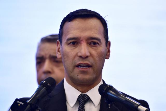 Colombia's Defense Minister, Pedro Arnulfo Sanchez, speaks during a press conference to inform about the security measures to be implemented for the next legislative and presidential elections at the National Police headquarters in Bogota on March 2, 2026. Colombia will hold legislative elections on March 8 and presidential elections on May 31. (Photo by Pablo VERA / AFP)