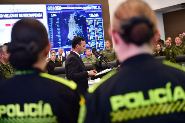 Colombia's Defense Minister, Pedro Arnulfo Sanchez, speaks during a press conference to inform about the security measures to be implemented for the next legislative and presidential elections at the National Police headquarters in Bogota on March 2, 2026. Colombia will hold legislative elections on March 8 and presidential elections on May 31. (Photo by Pablo VERA / AFP)