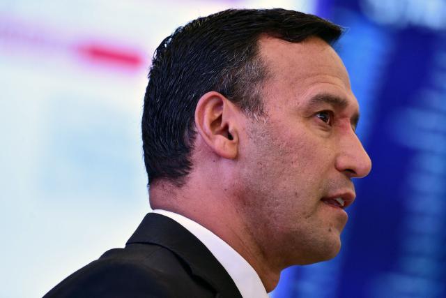 Colombia's Defense Minister, Pedro Arnulfo Sanchez, speaks during a press conference to inform about the security measures to be implemented for the next legislative and presidential elections at the National Police headquarters in Bogota on March 2, 2026. Colombia will hold legislative elections on March 8 and presidential elections on May 31. (Photo by Pablo VERA / AFP)