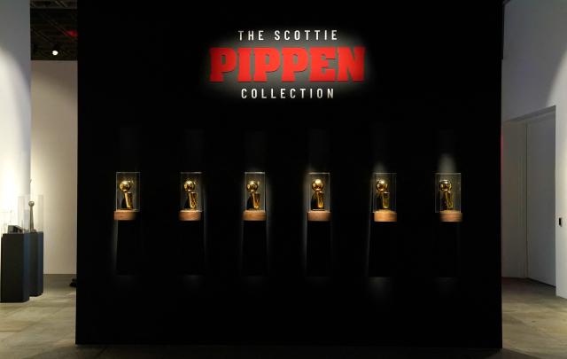 Trophies from the collection of former US basketball player Scottie Pippen are displayed during a press preview at Sotheby's in New York on March 2, 2026. Personal artifacts and memorabilia from the legendary NBA player are on display in New York before going to auction. (Photo by TIMOTHY A. CLARY / AFP)