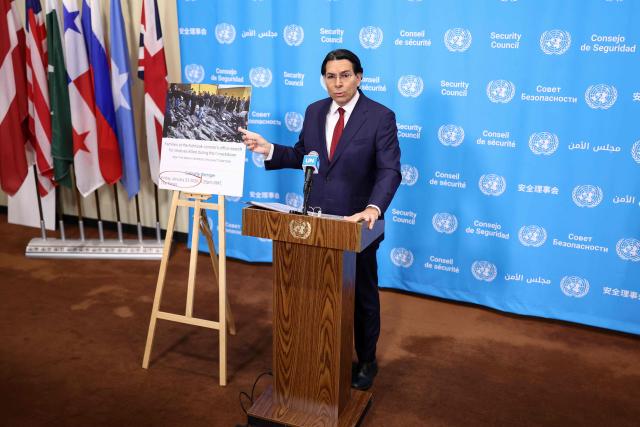 Israeli Ambassador to the UN Danny Danon speaks to the press ahead of a United Nations Security Council meeting at UN Headquarters in New York on March 2, 2026. UN Secretary-General Antonio Guterres called Monday for restraint as clashes between Israel and Hezbollah in Lebanon intensified amid the Israeli and US war on the armed group's main backer Iran, his spokesman said. (Photo by CHARLY TRIBALLEAU / AFP)