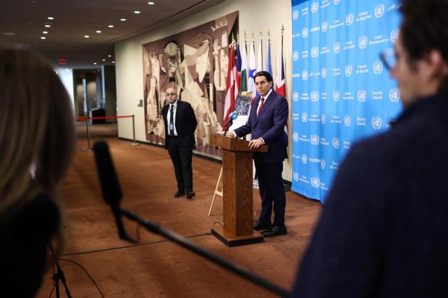 Israeli Ambassador to the UN Danny Danon speaks to the press ahead of a United Nations Security Council meeting at UN Headquarters in New York on March 2, 2026. UN Secretary-General Antonio Guterres called Monday for restraint as clashes between Israel and Hezbollah in Lebanon intensified amid the Israeli and US war on the armed group's main backer Iran, his spokesman said. (Photo by CHARLY TRIBALLEAU / AFP)