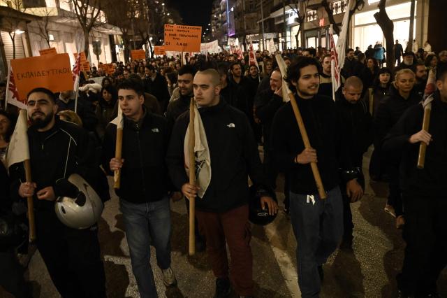 Demonstrators shout slogans as they take part in a rally condemning the US-Israeli strikes on Iran in Thessaloniki on March 2, 2026. Iranian state television confirmed the death of Iran's supreme leader Ayatollah Ali Khamenei on February 28, 2026, after the US president said he had been killed. The announcement came after the United States and Israel started launching waves of strikes against targets in Iran, sparking swift retaliation by the Islamic republic. (Photo by Sakis Mitrolidis / AFP)