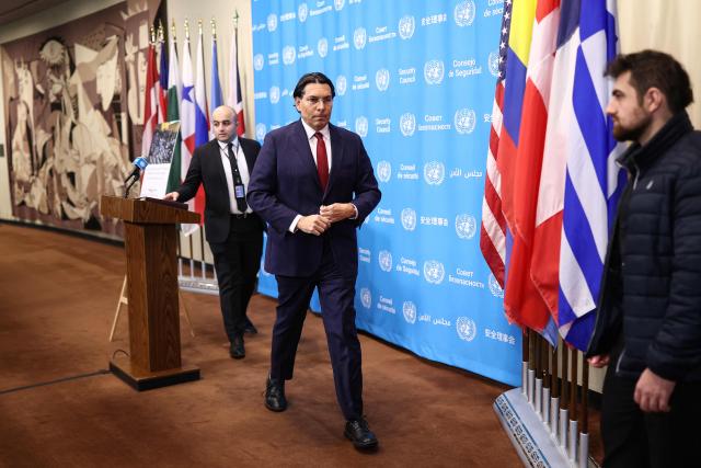 Israeli Ambassador to the UN Danny Danon departs after speaking to the press ahead of a United Nations Security Council meeting at UN Headquarters in New York on March 2, 2026. UN Secretary-General Antonio Guterres called Monday for restraint as clashes between Israel and Hezbollah in Lebanon intensified amid the Israeli and US war on the armed group's main backer Iran, his spokesman said. (Photo by CHARLY TRIBALLEAU / AFP)