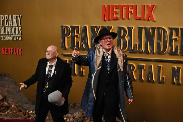 British rap duo Peter Bowditch and Basil Belgrave, known as Pete and Bas pose upon arrival on the red carpet for the global premiere of the film 'Peaky Blinders: The Immortal Man' in Birmingham, central England on March 2, 2026. (Photo by Paul ELLIS / AFP)