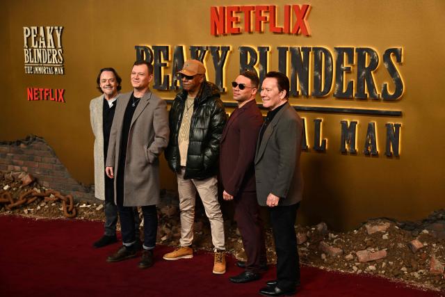 Members of British band UB40 pose upon arrival on the red carpet for the global premiere of the film 'Peaky Blinders: The Immortal Man' in Birmingham, central England on March 2, 2026. (Photo by Paul ELLIS / AFP)