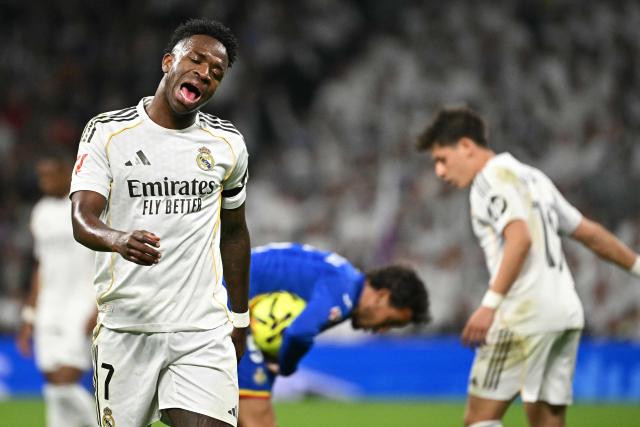 Real Madrid's Brazilian forward #07 Vinicius Junior reacts to missing a goal opportunity during the Spanish league football match between Real Madrid CF and Getafe CF at Santiago Bernabeu Stadium in Madrid on March 2, 2026. (Photo by Javier SORIANO / AFP)
