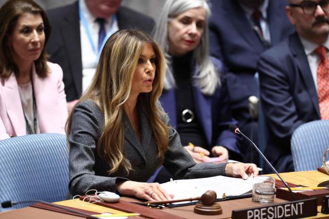 US First Lady Melania Trump speaks as she chairs a meeting of the United Nations Security Council at UN Headquarters in New York on March 2, 2026. (Photo by CHARLY TRIBALLEAU / AFP)