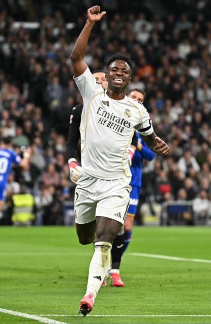 Real Madrid's Brazilian forward #07 Vinicius Junior reacts during the Spanish league football match between Real Madrid CF and Getafe CF at Santiago Bernabeu Stadium in Madrid on March 2, 2026. (Photo by Javier SORIANO / AFP)