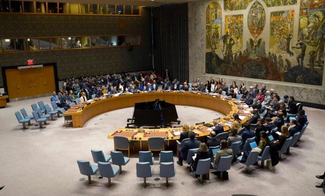 Members of the United Nations Security Council listen to US First Lady Melania Trump speak as she chairs a meeting of the United Nations Security Council at UN Headquarters in New York on March 2, 2026. (Photo by TIMOTHY A. CLARY / AFP)