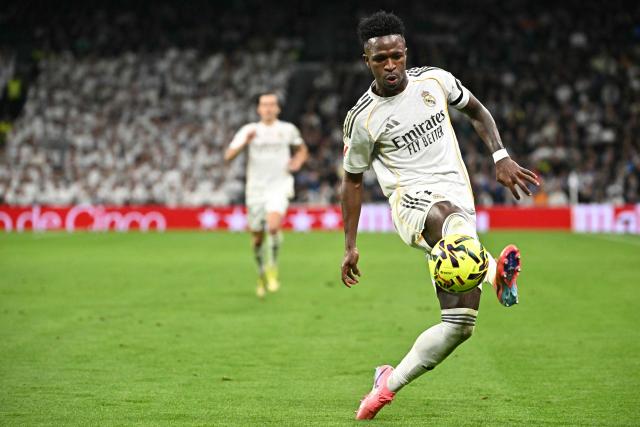 Real Madrid's Brazilian forward #07 Vinicius Junior kicks the ball during the Spanish league football match between Real Madrid CF and Getafe CF at Santiago Bernabeu Stadium in Madrid on March 2, 2026. (Photo by Javier SORIANO / AFP)