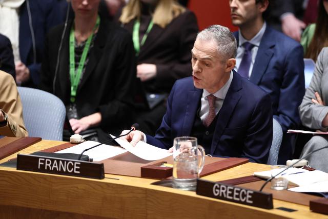 French Ambassador to the United Nations Jerome Bonnafont speaks during a meeting of the United Nations Security Council chaired bu US First Lady Melania Trump at UN Headquarters in New York on March 2, 2026. (Photo by CHARLY TRIBALLEAU / AFP)