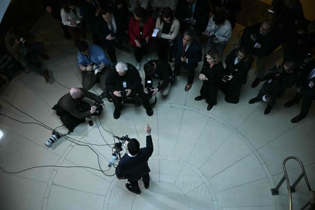 US Secretary of State Marco Rubio arrives to brief House and Senate leaders on US military action in Iran, at the US Capitol in Washington, DC, on March 2, 2026. The United States hit hundreds of targets across Iran, and Israel expanded its bombing to Lebanon on Monday as President Donald Trump vowed to avenge the first US deaths in the war he launched to topple Tehran's ruling clerics. Iranian forces fired missiles and drones across the Middle East, killing people in Israel and the United Arab Emirates, in retaliation for the conflict that began February 28 with the death of Iran's supreme leader, Ayatollah Ali Khamenei. (Photo by Brendan SMIALOWSKI / AFP)