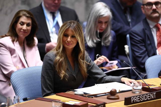 US First Lady Melania Trump chairs a meeting of the United Nations Security Council at UN Headquarters in New York on March 2, 2026. (Photo by CHARLY TRIBALLEAU / AFP)