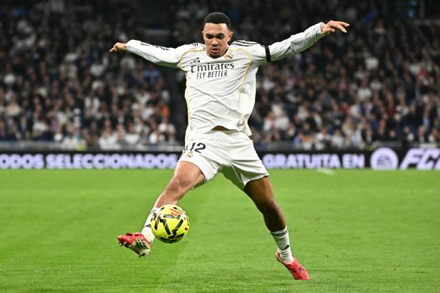 Real Madrid's English defender #12 Trent Alexander-Arnold kicks the ball during the Spanish league football match between Real Madrid CF and Getafe CF at Santiago Bernabeu Stadium in Madrid on March 2, 2026. (Photo by Javier SORIANO / AFP)