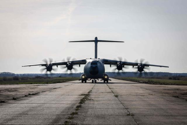 A French Air and Space Force Airbus A400M Atlas takes part in the drill named Orion in Crucey military base, next to Dreux, on February 26, 2026. (Photo by STEPHANE DE SAKUTIN / AFP)