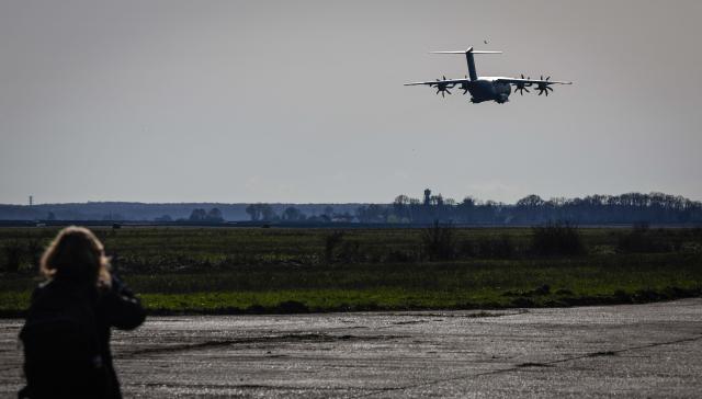 A French Air and Space Force Airbus A400M Atlas takes part in the drill named Orion in Crucey military base, next to Dreux, on February 26, 2026. (Photo by STEPHANE DE SAKUTIN / AFP)