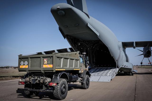 A French Air and Space Force Airbus A400M Atlas takes part in the drill named Orion in Crucey military base, next to Dreux, on February 26, 2026. (Photo by STEPHANE DE SAKUTIN / AFP)