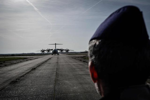 A French Air and Space Force Airbus A400M Atlas takes part in the drill named Orion in Crucey military base, next to Dreux, on February 26, 2026. (Photo by STEPHANE DE SAKUTIN / AFP)