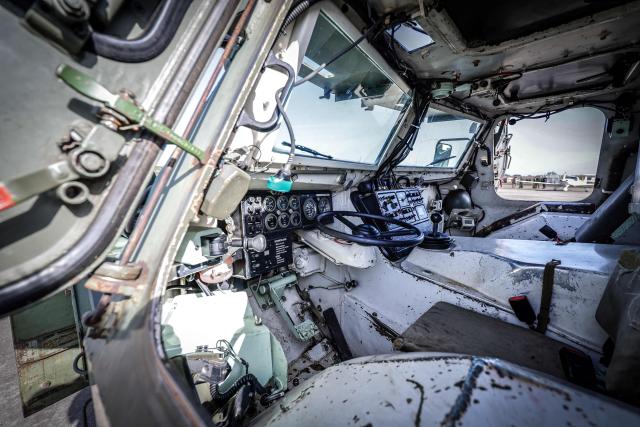 This photograph shows the interior of a French Armoured Forward Vehicle (VAB) seen during the drill named Orion in Crucey military base, next to Dreux, on February 26, 2026. (Photo by STEPHANE DE SAKUTIN / AFP)