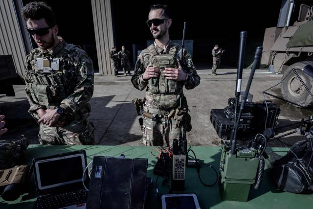 French soldiers show military devices during the drill named Orion in Crucey military base, next to Dreux, on February 26, 2026. (Photo by STEPHANE DE SAKUTIN / AFP)