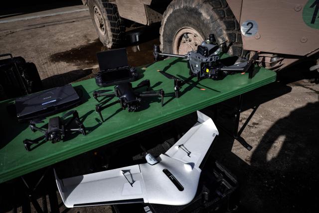 This photograph shows military drones displayed during the drill named Orion in Crucey military base, next to Dreux, on February 26, 2026. (Photo by STEPHANE DE SAKUTIN / AFP)