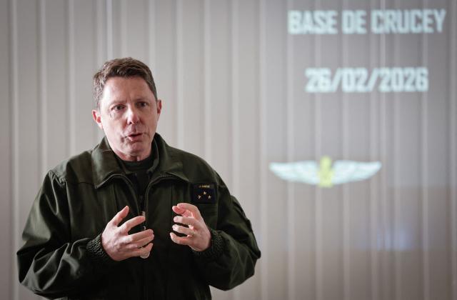 French Air and Space Force general Julien Sabéné speaks during the drill named Orion in Crucey military base, next to Dreux, on February 26, 2026. (Photo by STEPHANE DE SAKUTIN / AFP)