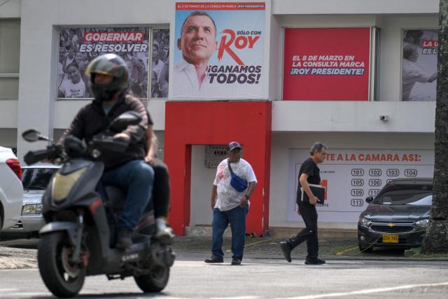 Political propaganda for Colombian presidential candidate Roy Barreras from the Frente por la Vida alliance is seen in Cali, Colombia, on March 2, 2026. Colombia will hold legislative elections on March 8, 2026, and a presidential election on May 31. (Photo by JOAQUIN SARMIENTO / AFP)