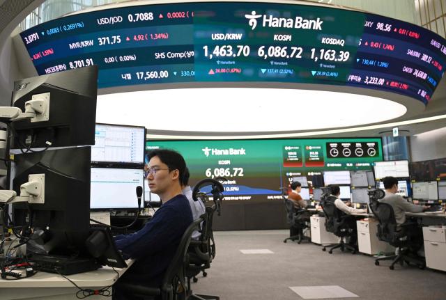 Currency dealers monitor exchange rates as an electronic screen shows South Korea's benchmark stock index (KOSPI) and the Korean Securities Dealers Automated Quotations (KOSDAQ) in a foreign exchange dealing room at the Hana Bank headquarters in Seoul on March 3, 2026. (Photo by Jung Yeon-je / AFP)