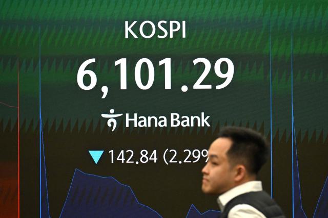 A currency dealer walks past an electronic screen showing South Korea's benchmark stock index (KOSPI) in a foreign exchange dealing room at the Hana Bank headquarters in Seoul on March 3, 2026. (Photo by Jung Yeon-je / AFP)