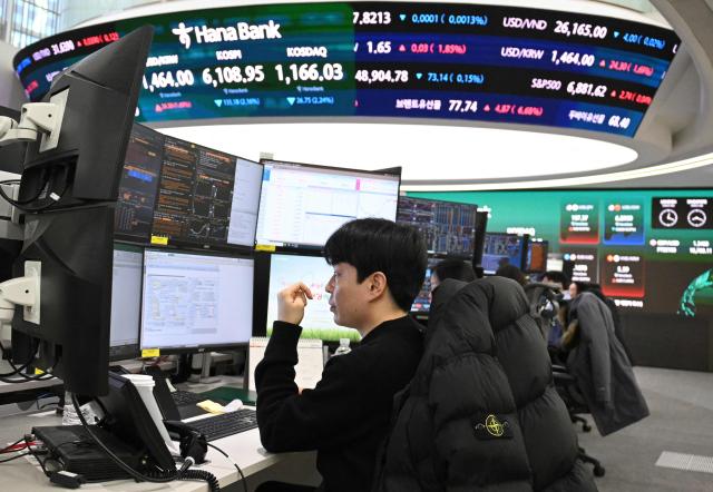 Currency dealers monitor exchange rates as an electronic screen shows South Korea's benchmark stock index (KOSPI) and the Korean Securities Dealers Automated Quotations (KOSDAQ) in a foreign exchange dealing room at the Hana Bank headquarters in Seoul on March 3, 2026. (Photo by Jung Yeon-je / AFP)