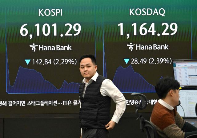 A currency dealer walks past an electronic screen showing South Korea's benchmark stock index (KOSPI) and the Korean Securities Dealers Automated Quotations (KOSDAQ) in a foreign exchange dealing room at the Hana Bank headquarters in Seoul on March 3, 2026. (Photo by Jung Yeon-je / AFP)