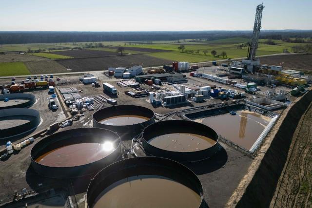 An aerial view shows a deep geothermal well operated by Lithium de France in Betschdorf,  eastern France, on March 2, 2026. In Alsace, industrial companies are drilling several kilometres underground to tap into the natural heat and lithium contained in the subsoil. These projects are seen by the government as key to energy sovereignty. (Photo by SEBASTIEN BOZON / AFP)