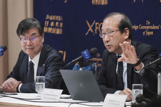 Japanese 2025 Nobel Prize winners, Shimon Sakaguchi (L) in Physiology or Medicine and Susumu Kitagawa in Chemistry, hold a press conference at the Foreign Correspondents Club of Japan in Tokyo on March 3, 2026. (Photo by Kazuhiro NOGI / AFP)