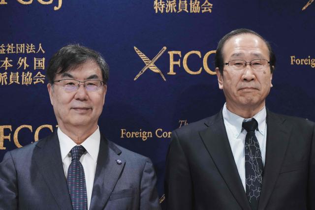 Japanese 2025 Nobel Prize winners, Shimon Sakaguchi (L) in Physiology or Medicine and Susumu Kitagawa in Chemistry, pose at the beginning of their press conference at the Foreign Correspondents Club of Japan in Tokyo on March 3, 2026. (Photo by Kazuhiro NOGI / AFP)