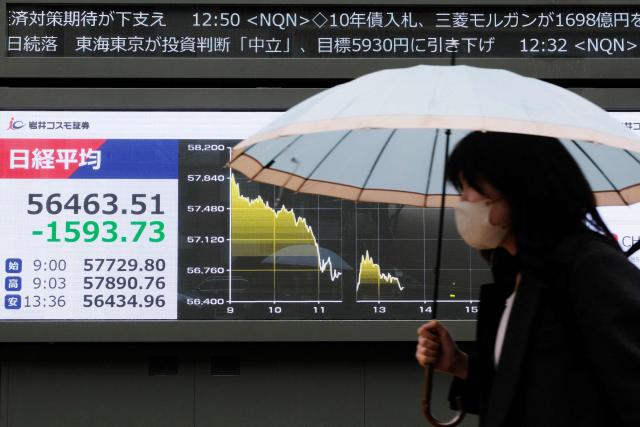 A woman walks past an electronic quotation board displaying numbers of the Nikkei Stock Average on the Tokyo Stock Exchange along a street in Tokyo on March 3, 2026. (Photo by Kazuhiro NOGI / AFP)