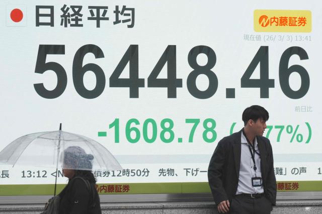 An electronic quotation board displays numbers of the Nikkei Stock Average on the Tokyo Stock Exchange along a street in Tokyo on March 3, 2026. (Photo by Kazuhiro NOGI / AFP)