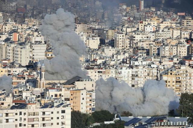 Plumes of smoke rise from the sites of Israeli airstrikes on the southern suburbs of Beirut on March 3, 2026. The Israeli military issued new evacuation orders for dozens of locations in Lebanon on March 3, including warning residents in two southern Beirut neighbourhoods to stay away from several buildings ahead of an imminent operation. (Photo by IBRAHIM AMRO / AFP)