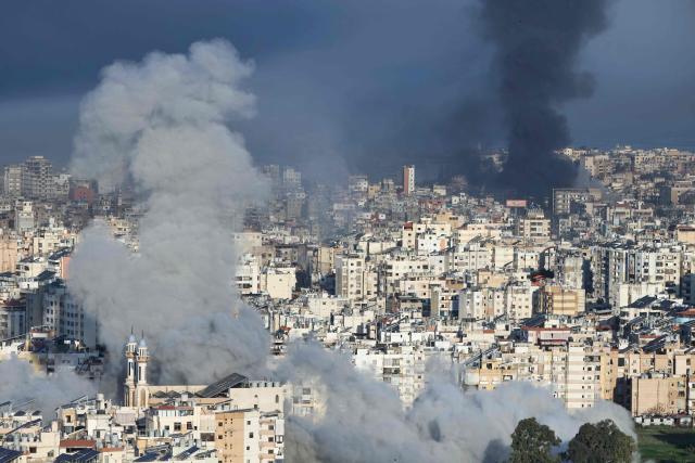 Plumes of smoke rise from the sites of Israeli airstrikes on the southern suburbs of Beirut on March 3, 2026. The Israeli military issued new evacuation orders for dozens of locations in Lebanon on March 3, including warning residents in two southern Beirut neighbourhoods to stay away from several buildings ahead of an imminent operation. (Photo by IBRAHIM AMRO / AFP)