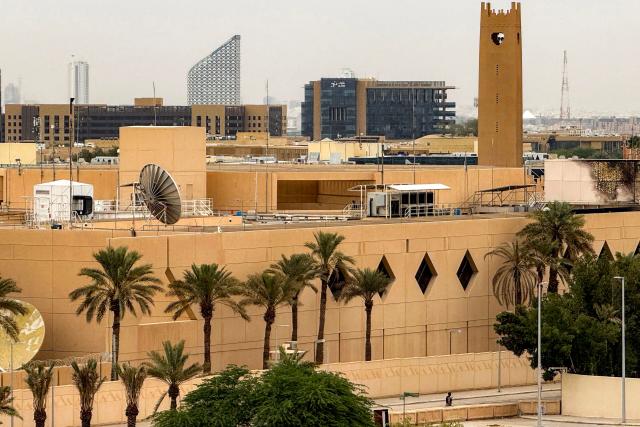 The US embassy headquarters in Riyadh is pictured on March 3, 2026, after it was hit by drone strikes earlier. Iran hit back at industrial and diplomatic targets across the Middle East on March 3, with Washington warning its citizens to evacuate the entire region. (Photo by AFP)
