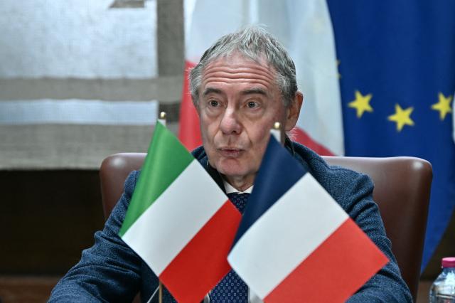 Italian Minister of Enterprises and Made in Italy Adolfo Urso speaks during a meeting with France's junior Minister for industry Sebastien Martin at the Ministry of Enterprises and Made in Italy in Rome on March 3, 2026. (Photo by Filippo MONTEFORTE / AFP)
