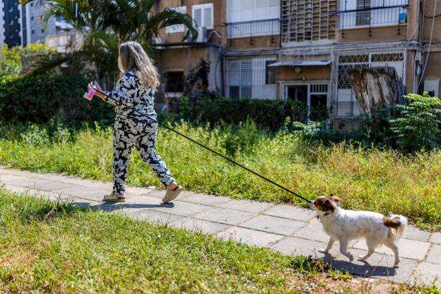 A woman walks a dog as security personnel conduct a search after a projectile hit the area of Petah Tikva in central Israel on March 3, 2026. The United States and Israel started striking Iran on February 28, killing Iran's supreme leader and top military leaders, and prompting authorities to retaliate with strikes on Israel and across the Gulf. (Photo by Ilia YEFIMOVICH / AFP)