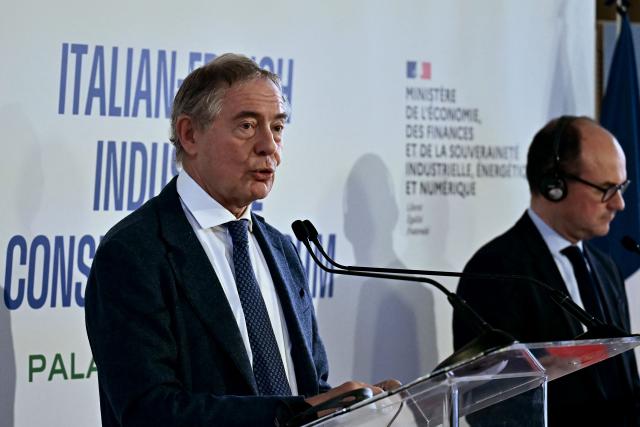 Italy's Minister of Enterprises and Made in Italy Adolfo Urso (L) and France’s junior Minister for industry Sebastien Martin attend a press conference in Rome on March 3, 2026. (Photo by Filippo MONTEFORTE / AFP)