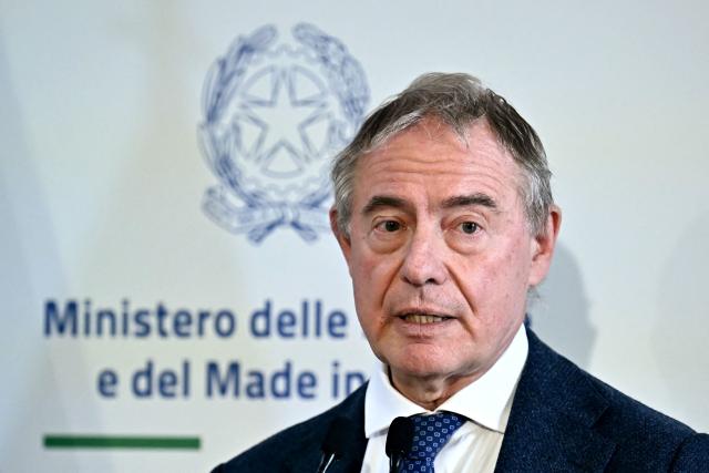 Italy's Minister of Enterprises and Made in Italy Adolfo Urso  attends a joint press conference with France’s junior Minister for industry in Rome on March 3, 2026. (Photo by Filippo MONTEFORTE / AFP)