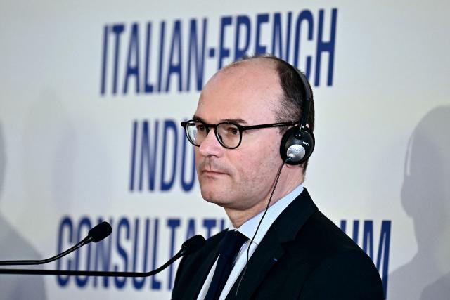 France’s junior Minister for industry Sebastien Martin attends a joint press conference with Italy's Minister of Enterprises and Made in Italy in Rome on March 3, 2026. (Photo by Filippo MONTEFORTE / AFP)
