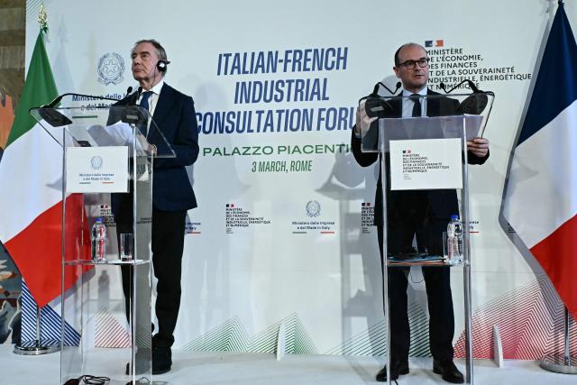 Italy's Minister of Enterprises and Made in Italy Adolfo Urso (L) and France’s junior Minister for industry Sebastien Martin attend a press conference in Rome on March 3, 2026. (Photo by Filippo MONTEFORTE / AFP)